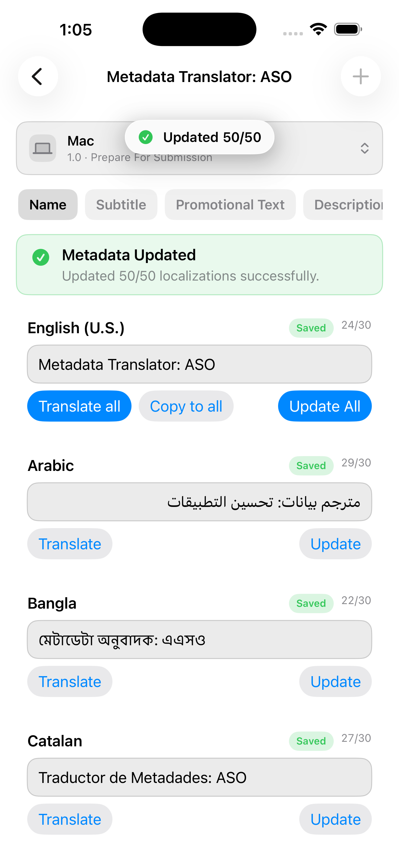 Successfully saved metadata across 50 localizations