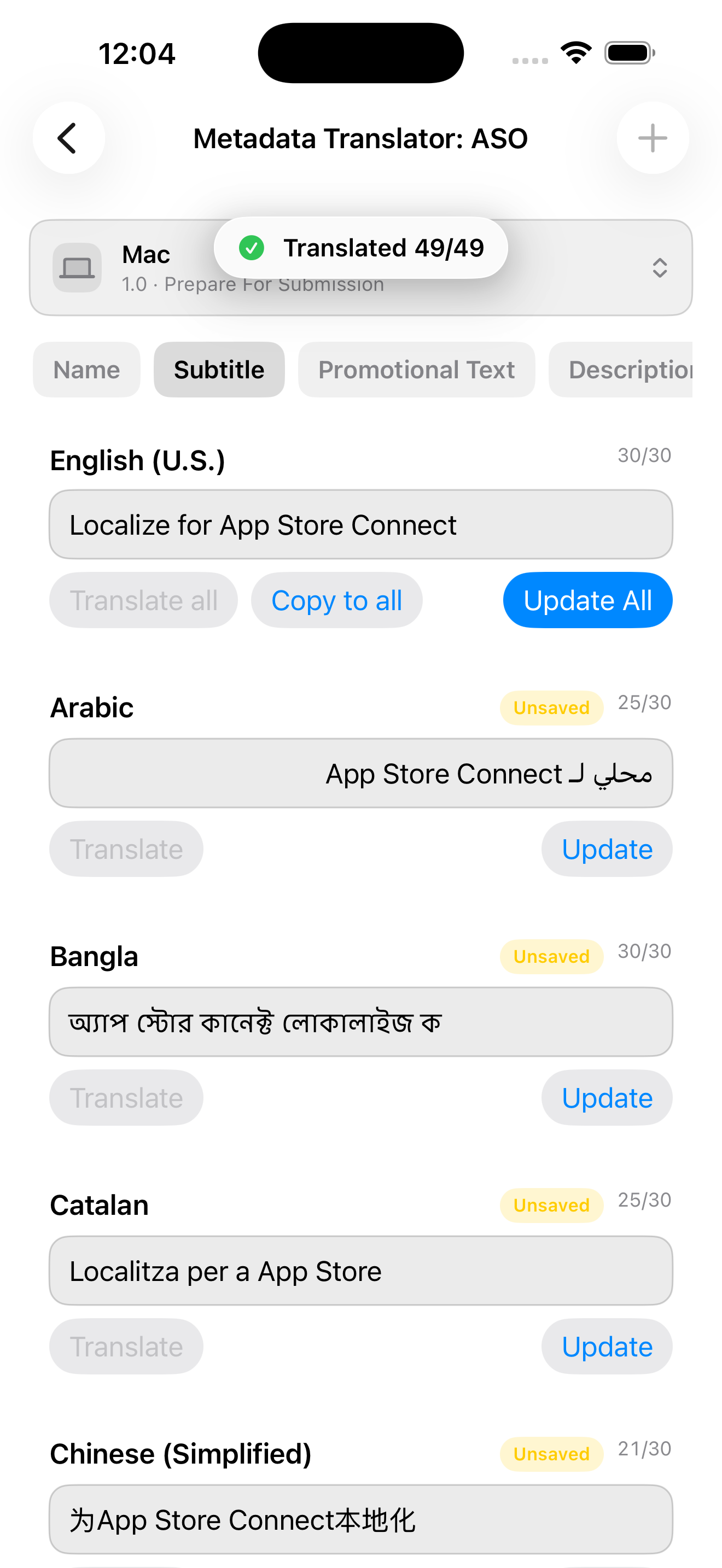 Metadata Translator translating App Store subtitles across languages