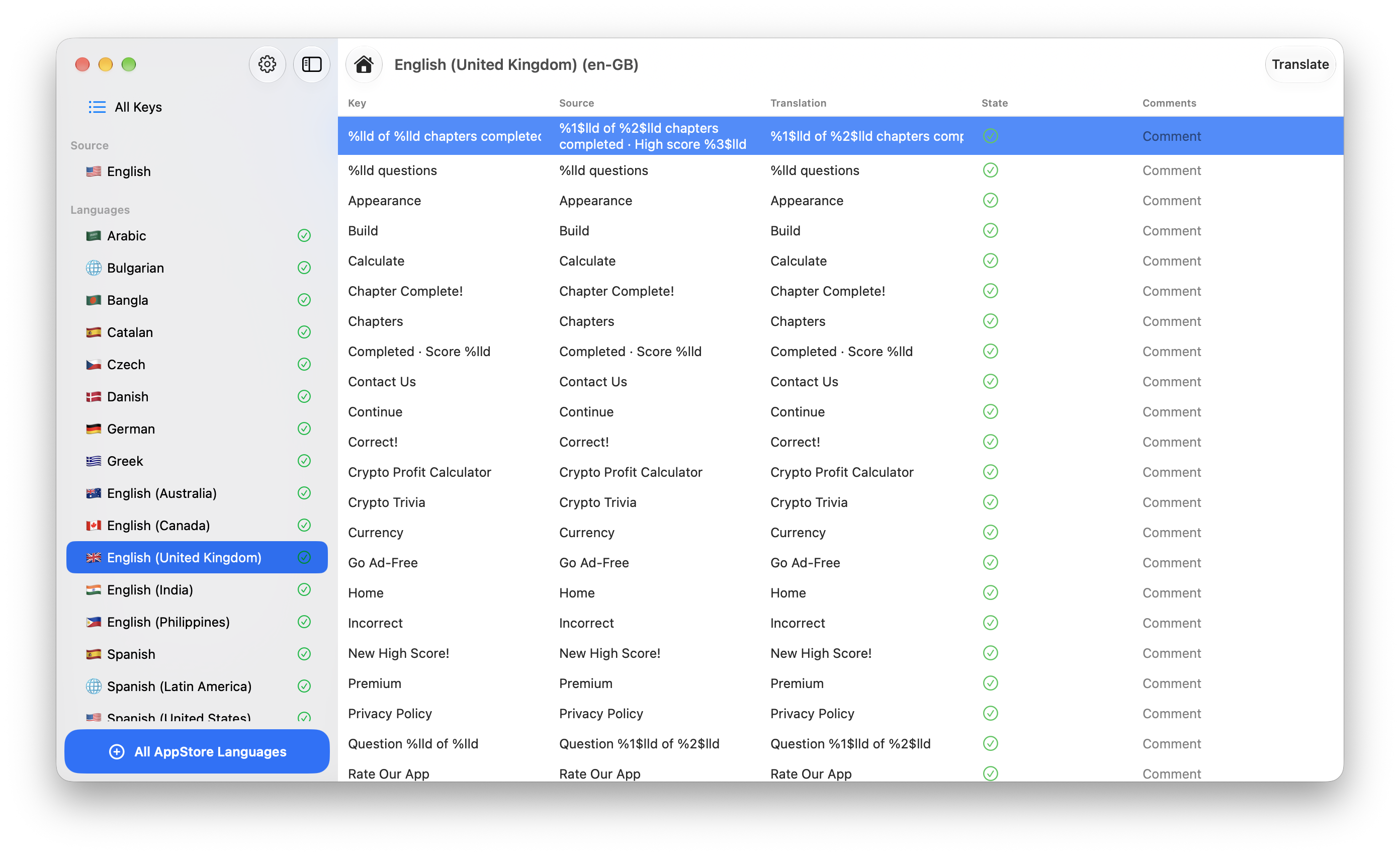 String Catalog - Translate showing source strings, translations, and language status in its macOS editor